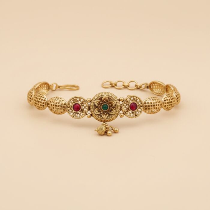 Antique Filigree Dome Ruby Green Stone Bracelet - hover
