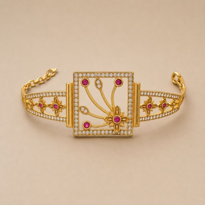 Square Frame Ruby Floral Stone Chain Bracelet - hover