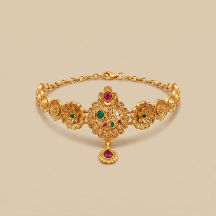 Antique Peacock Floral Coin Link Ruby Green Drop Bracelet - hover