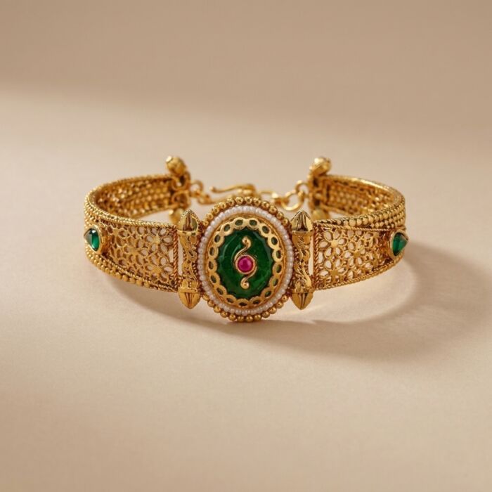 Emerald Oval Moti Floral Cuff Bracelet - hover