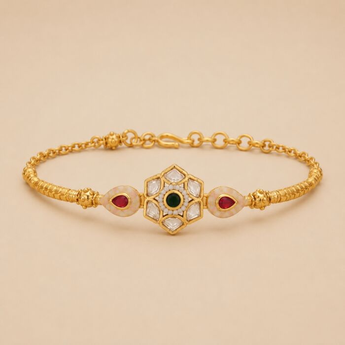 Kundan Lotus Moti Ruby Meenakari Bridal Bracelet - hover
