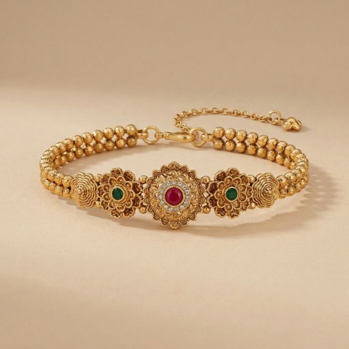 Triple Floral Disc Ruby Green Stone Ball Chain Bracelet - hover