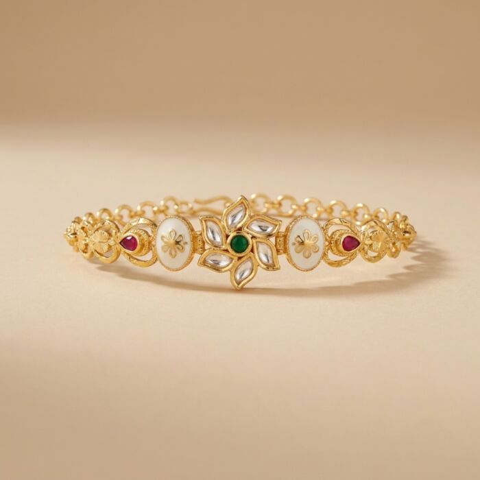 Kundan Petal Meenakari Oval Link Chain Bracelet - hover