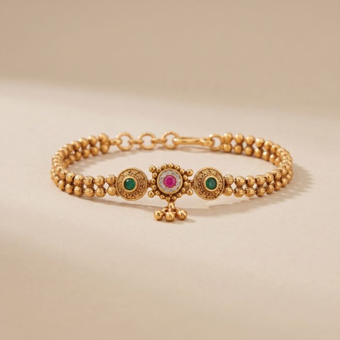Three Disc Ruby Green Stone Ghungroo Beaded Bracelet - hover