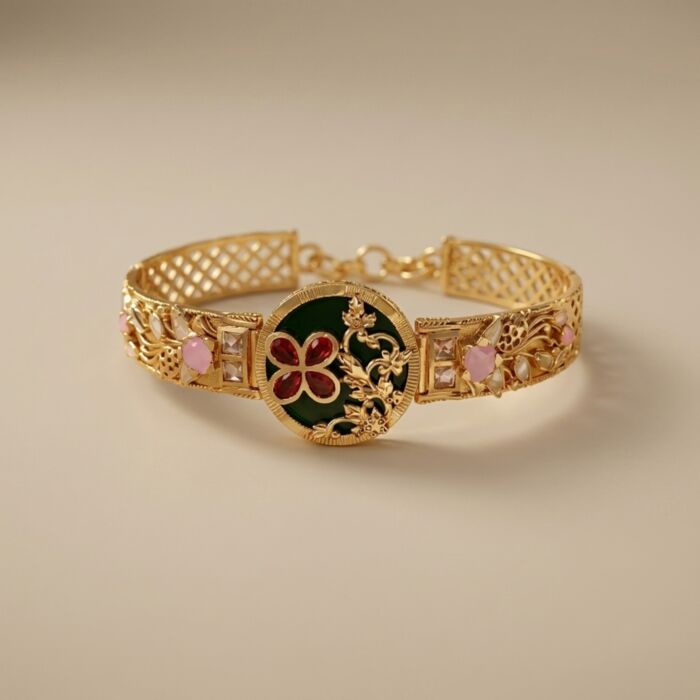 Green Ruby Floral Kundan Meenakari Cuff Bracelet - hover