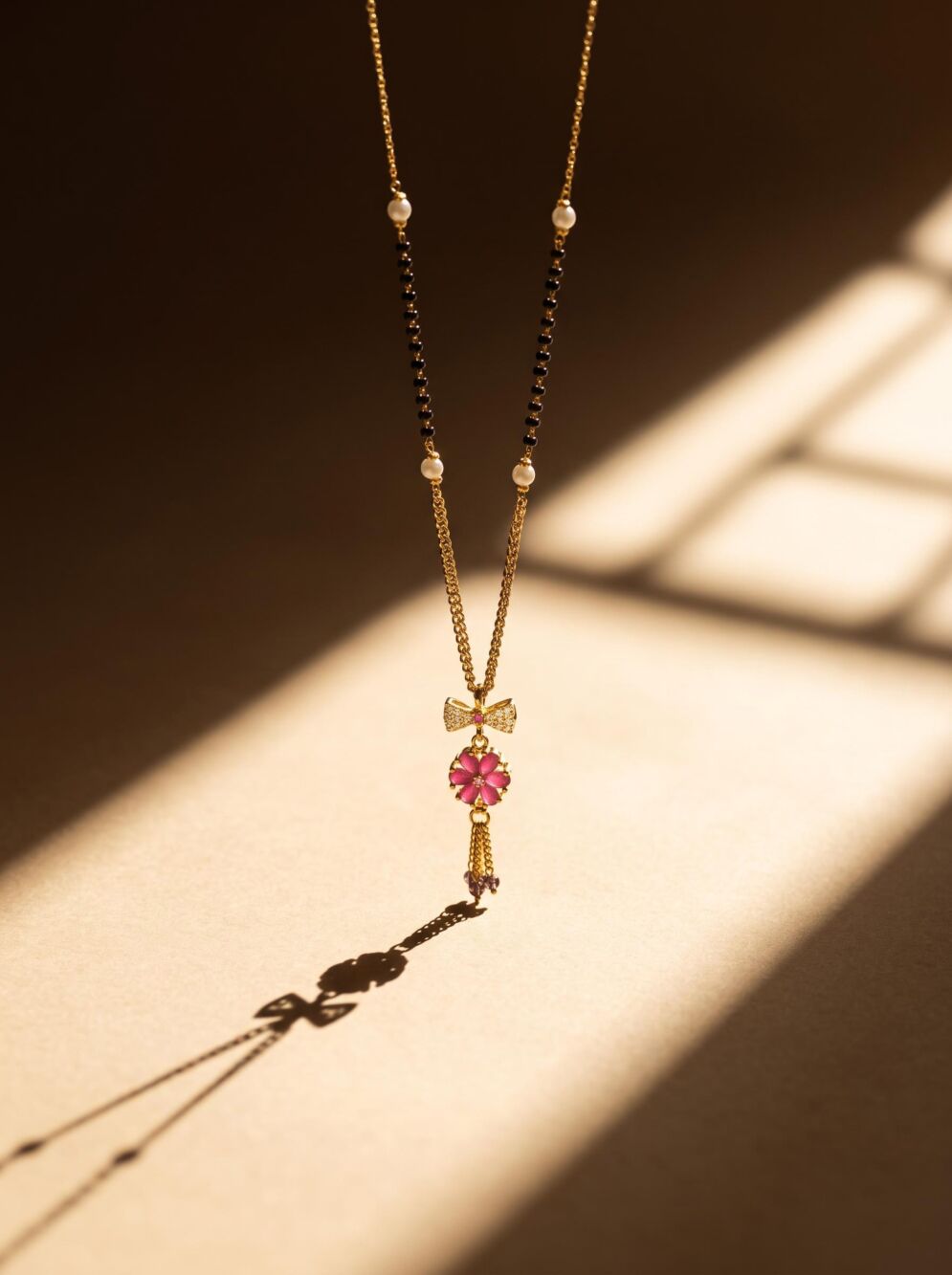 Bow Floral Ruby Pendant Pearl Black Bead Mangalsutra