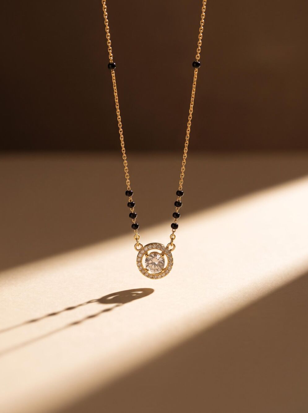 Round Solitaire Pendant Black Bead Golden Chain Mangalsutra