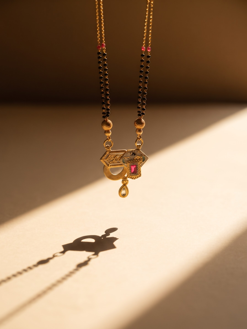 Wing Arc Stone Pendant Black Bead Chain Mangalsutra