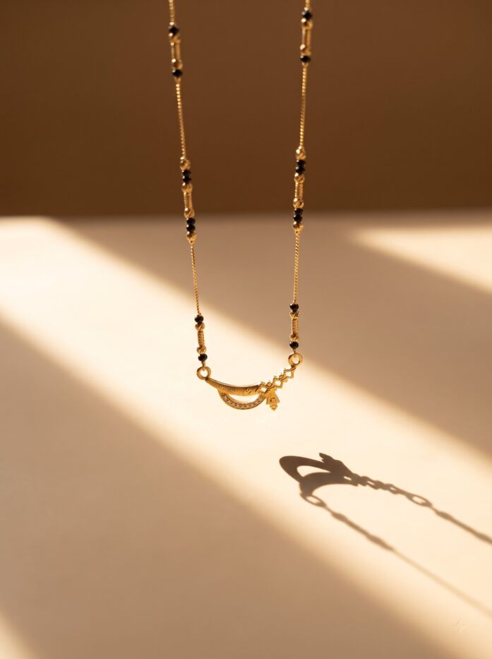 Crescent Arc Stone Pendant Golden Ball Black Bead Mangalsutra