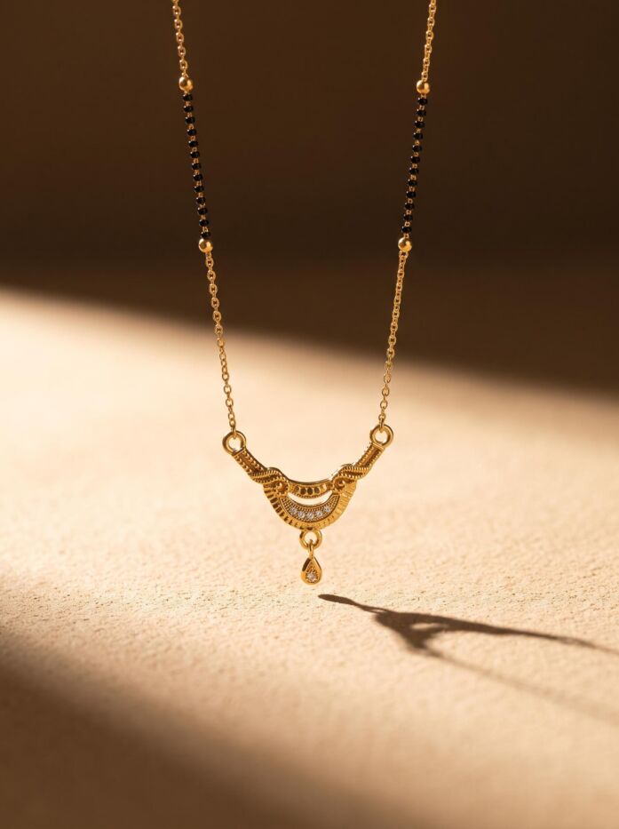 Crescent Leaf Drop Stone Pendant Black Bead Mangalsutra