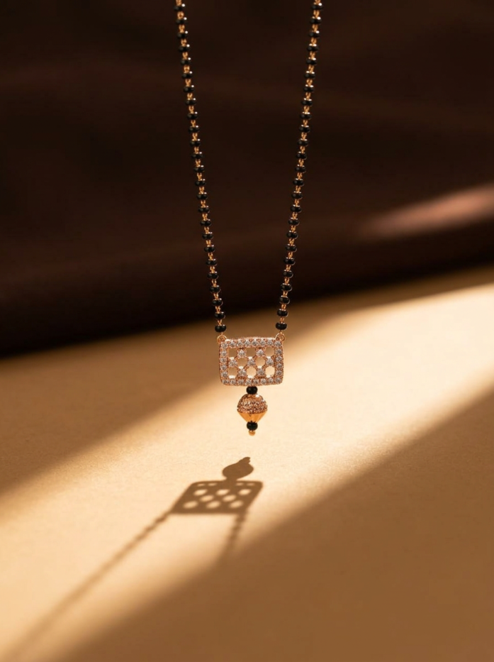 Diamond Cut Square Pendant Black Bead Mangalsutra