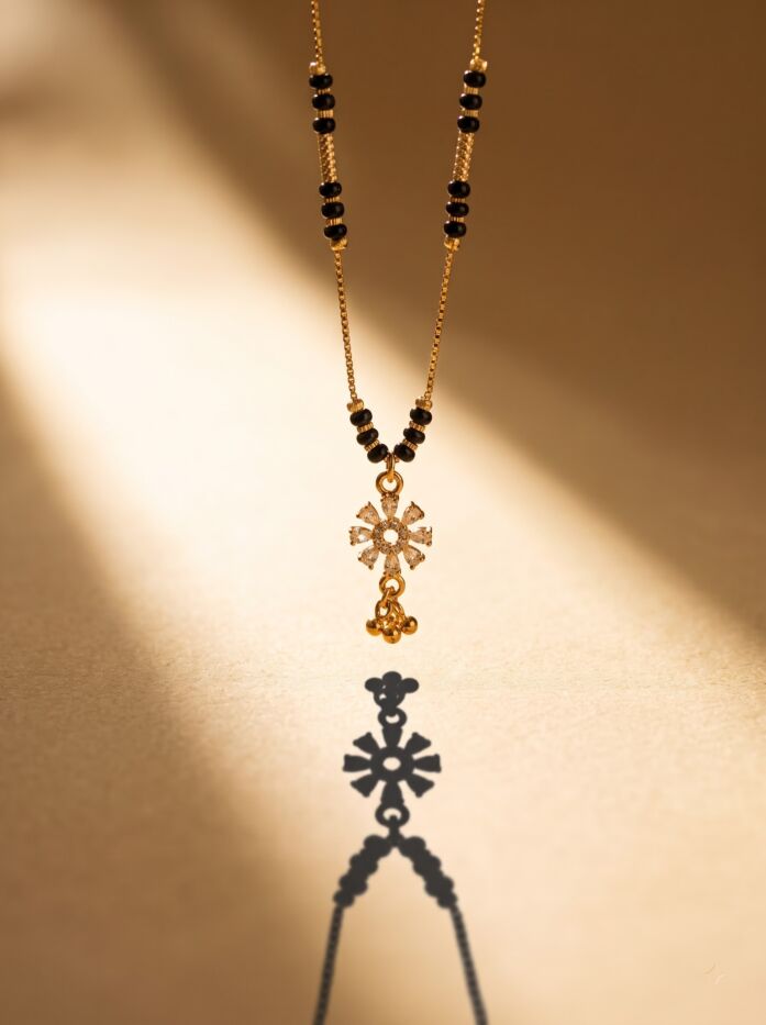 Floral Drop Pendant Black Disc Bead Gold Chain Mangalsutra