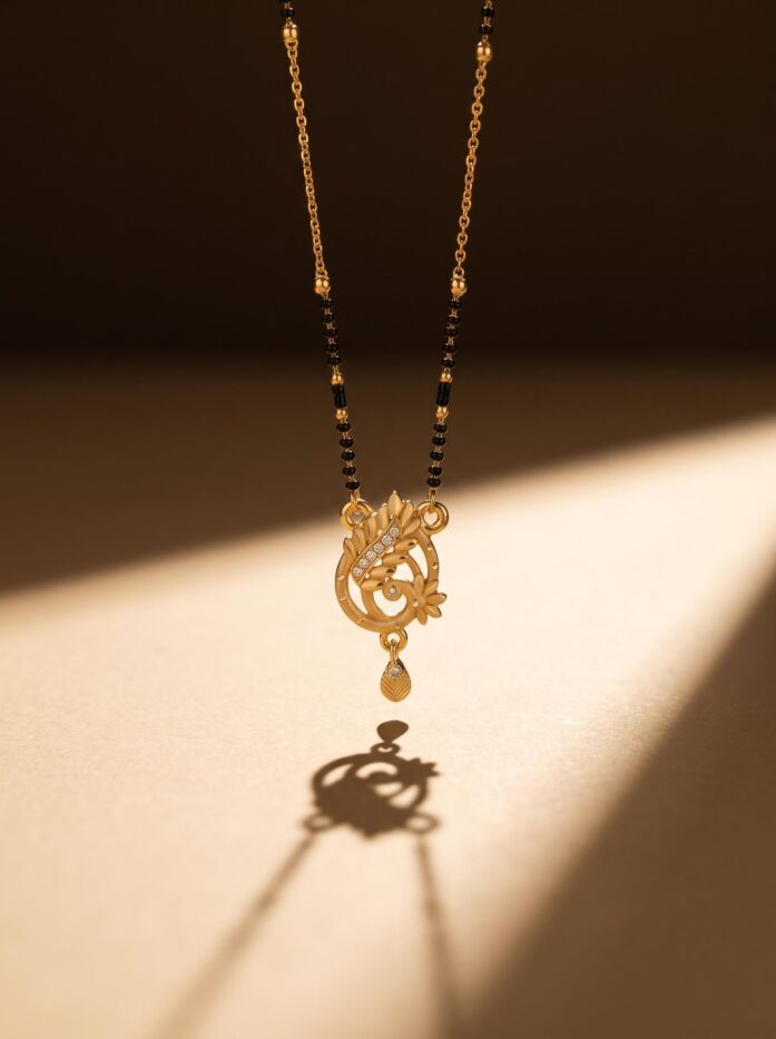 Floral Peacock Stone Pendant Black Bead Chain Mangalsutra