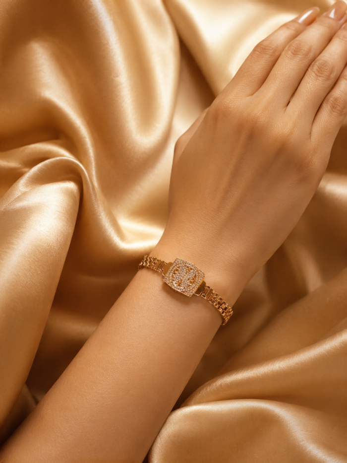 Floral Studded Watch Style Band Bracelet