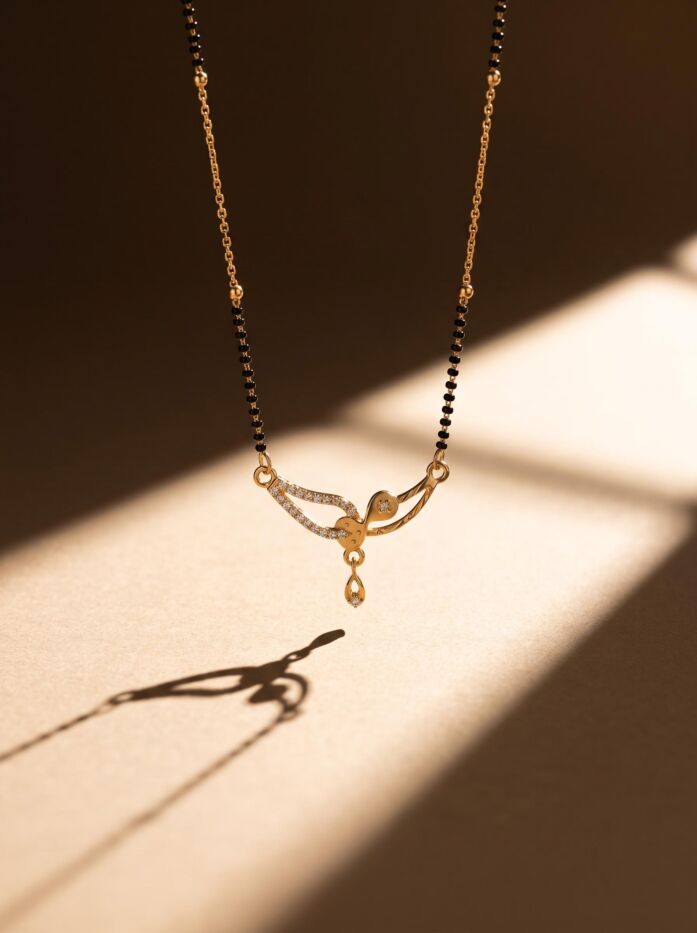 Golden Leaf Scroll Stone Pendant Black Bead Chain Mangalsutra