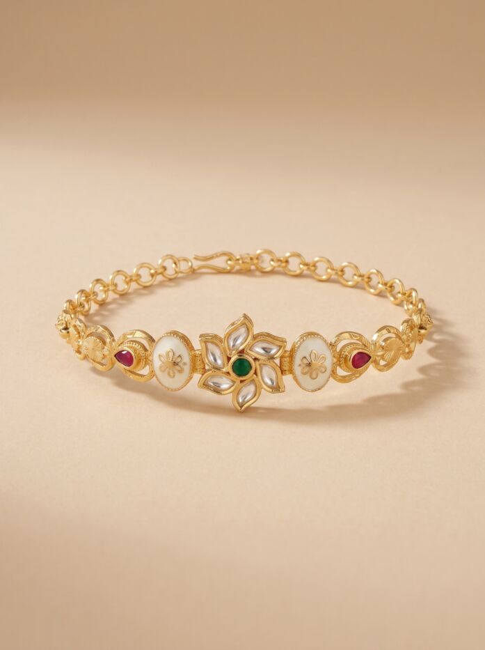 Kundan Petal Meenakari Oval Women Bracelet