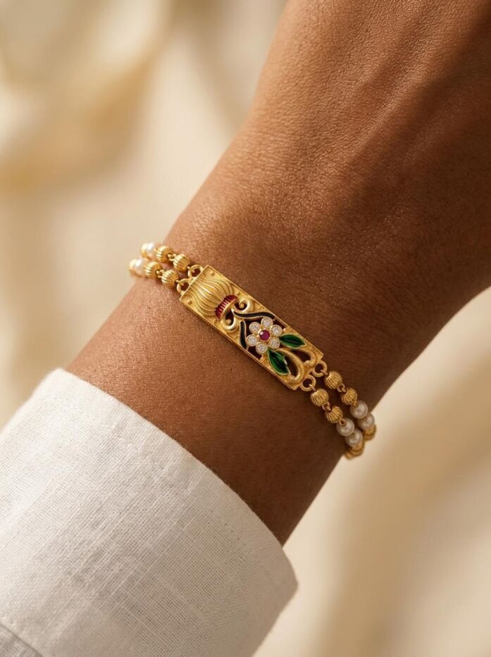 Meenakari Floral Pearl Beaded Rakhi Bracelet