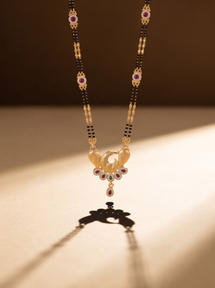 Peacock Floral Stone Pendant Ruby Bead Double Chain Mangalsutra