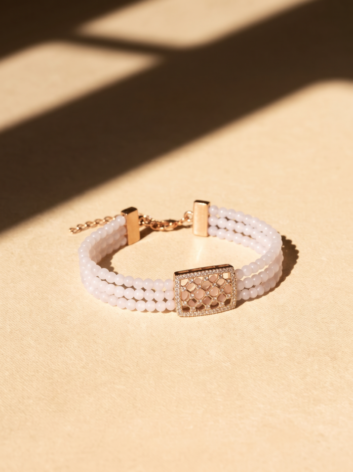Pink Crystal Triple Strand Lattice Bracelet