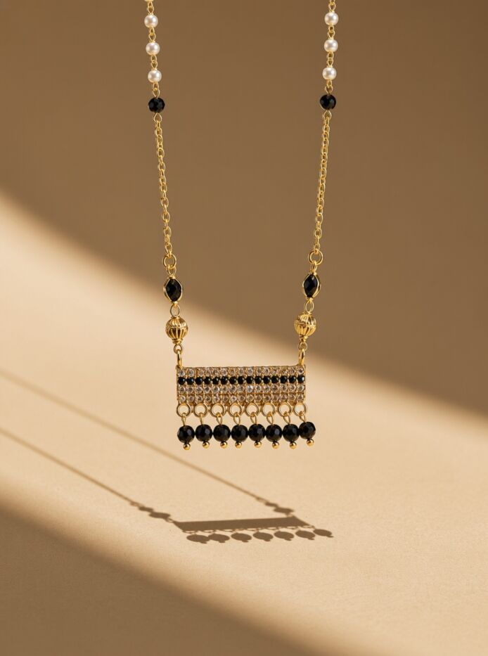 Rectangle Bar Black Bead & Pearl Chain Mangalsutra