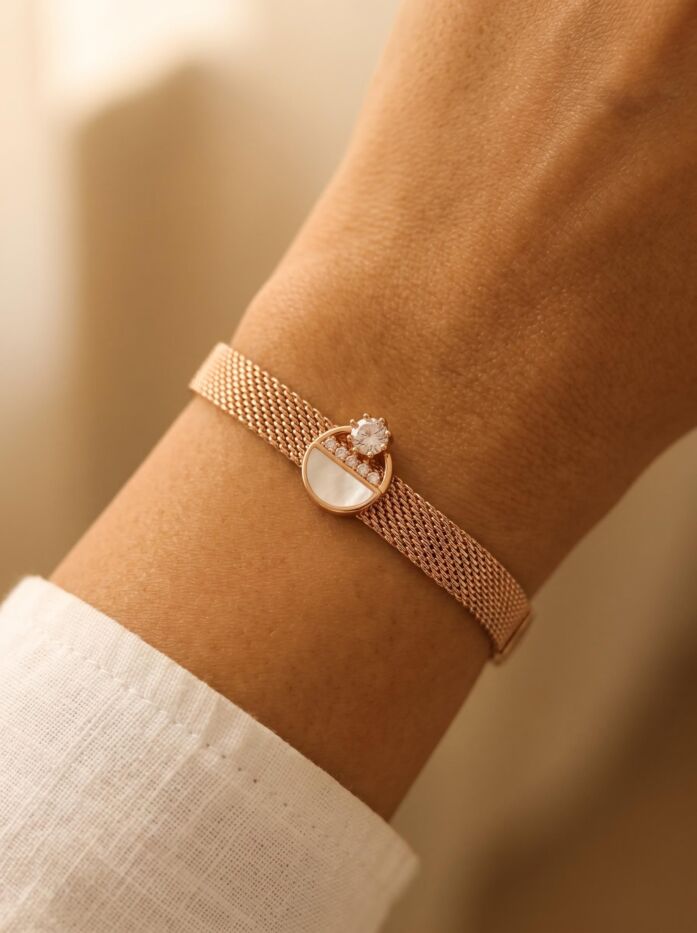 Rose Gold Mesh Chain Round Stone Bracelet
