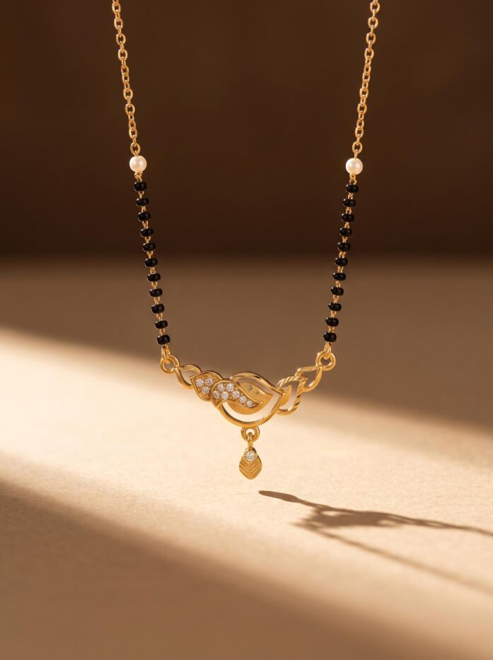 Scroll Wave Drop Pendant Black Bead Chain Mangalsutra