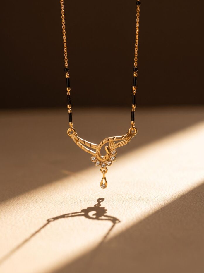 Swirl Leaf Stone Drop Pendant Black Bead Mangalsutra
