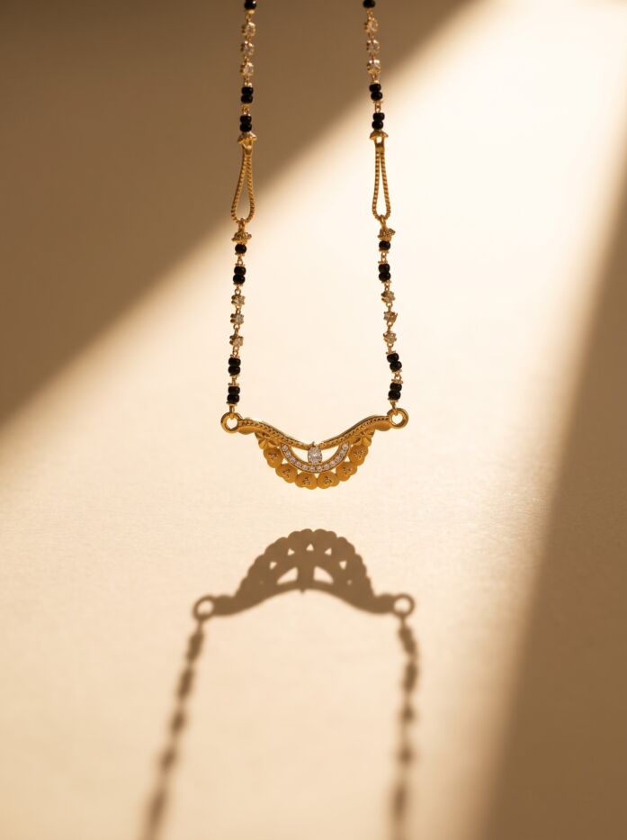 Wave Heart Pendant Golden Ball Black Bead Mangalsutra