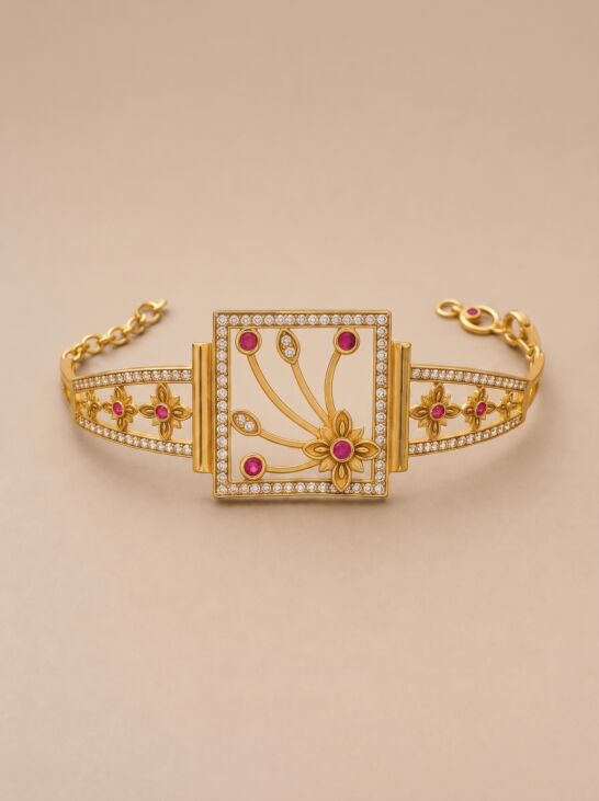Square Frame Ruby Floral Stone Chain Bracelet