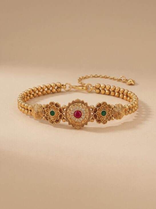 Triple Floral Disc Ruby Green Stone Ball Chain Bracelet